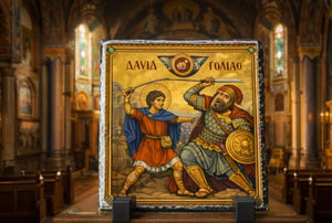 David and Goliath Orthodox Icon Rock Slate Plaque – Byzantine Christian Religious Gift Church Decor