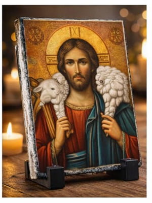 Christ the Good Shepherd Icon Plaque on Natural Slate - Sacred Orthodox Christian Art