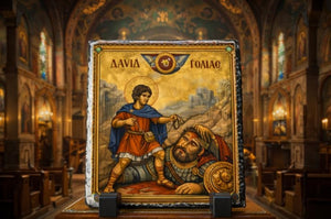 David and Goliath Greek Orthodox Byzantine Icon Rock Slate Plaque Christian Gift