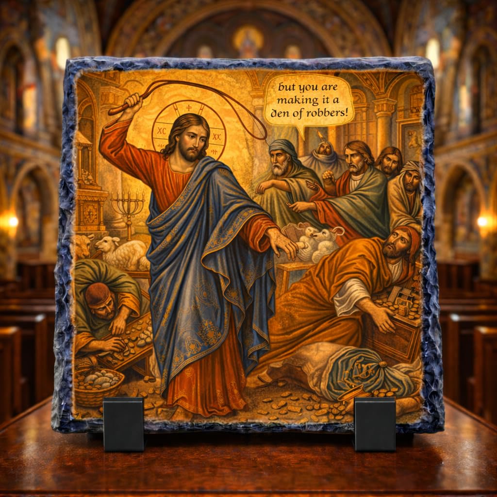 Jesus Cleansing the Temple Orthodox Byzantine Icon Rock Slate Religious Gift