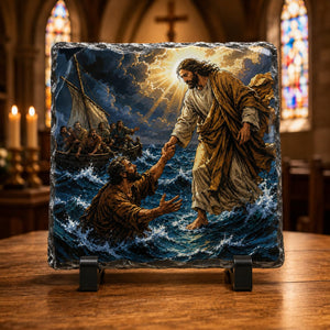 Jesus Walking on Water Comic Book Style Rock Slate Christian Gift