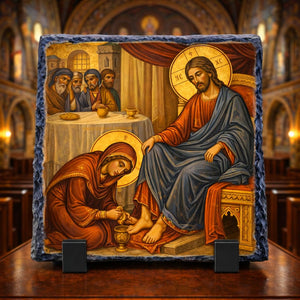 Mary Anointing Jesus Feet Orthodox Byzantine Icon Rock Slate Plaque