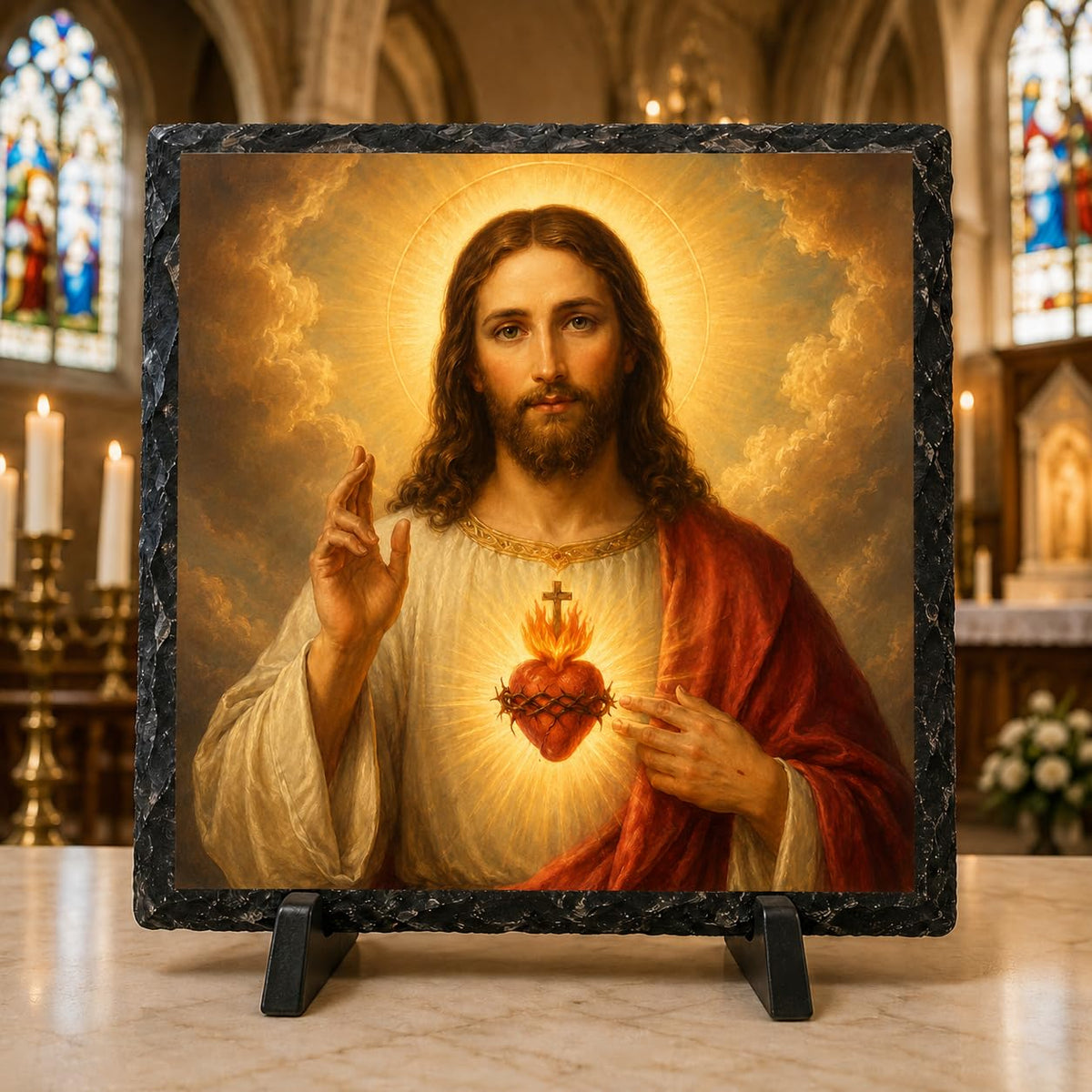 Sacred Heart of Christ Photo Rock Slate – Christian Home Altar Decoration