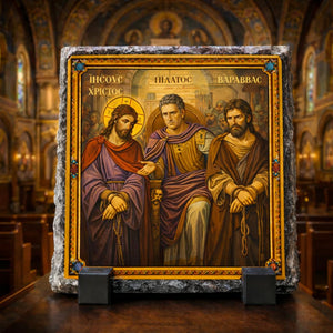 Jesus Pilate and Barabbas Byzantine Orthodox Icon Rock Slate Christian Religious Gift Decor