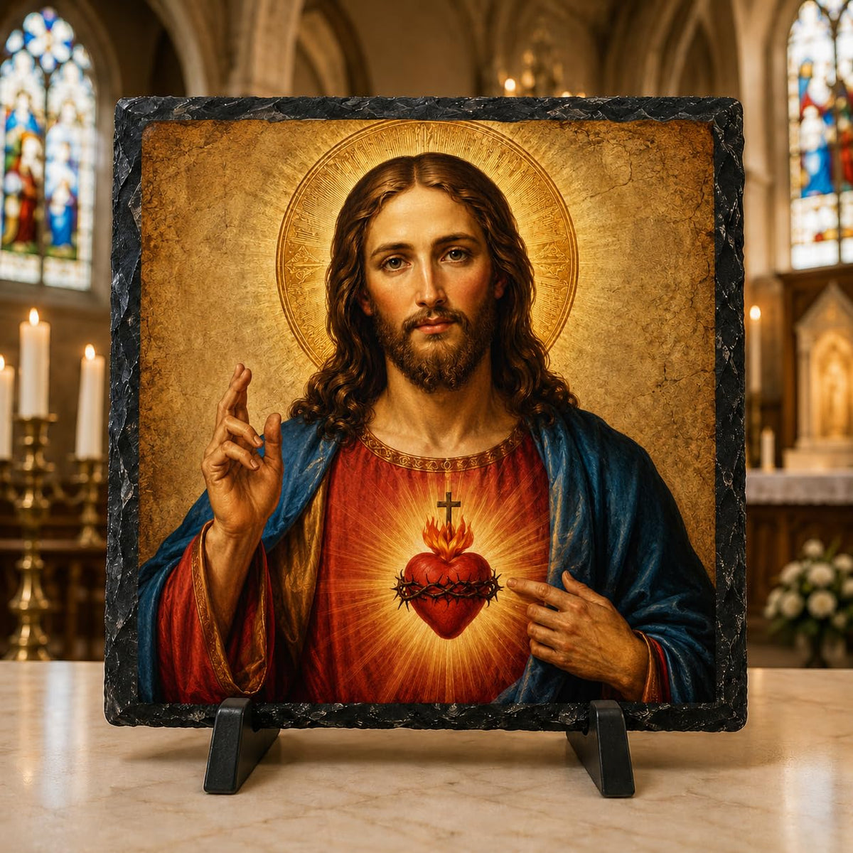 Jesus Christ Sacred Heart Icon on Rock Slate – Religious Gift for Home