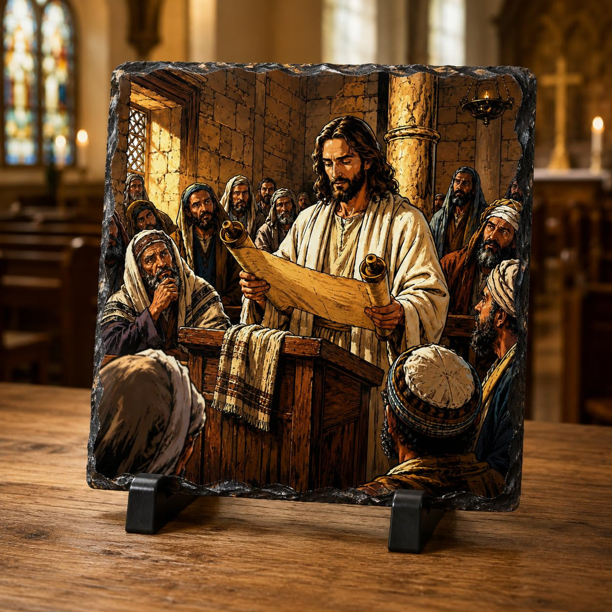 Jesus Reading Scripture Comic Book Style Rock Slate Christian Gift