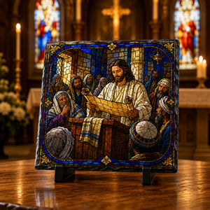 Jesus Reading Scripture Stained Glass Style Rock Slate Christian Decor