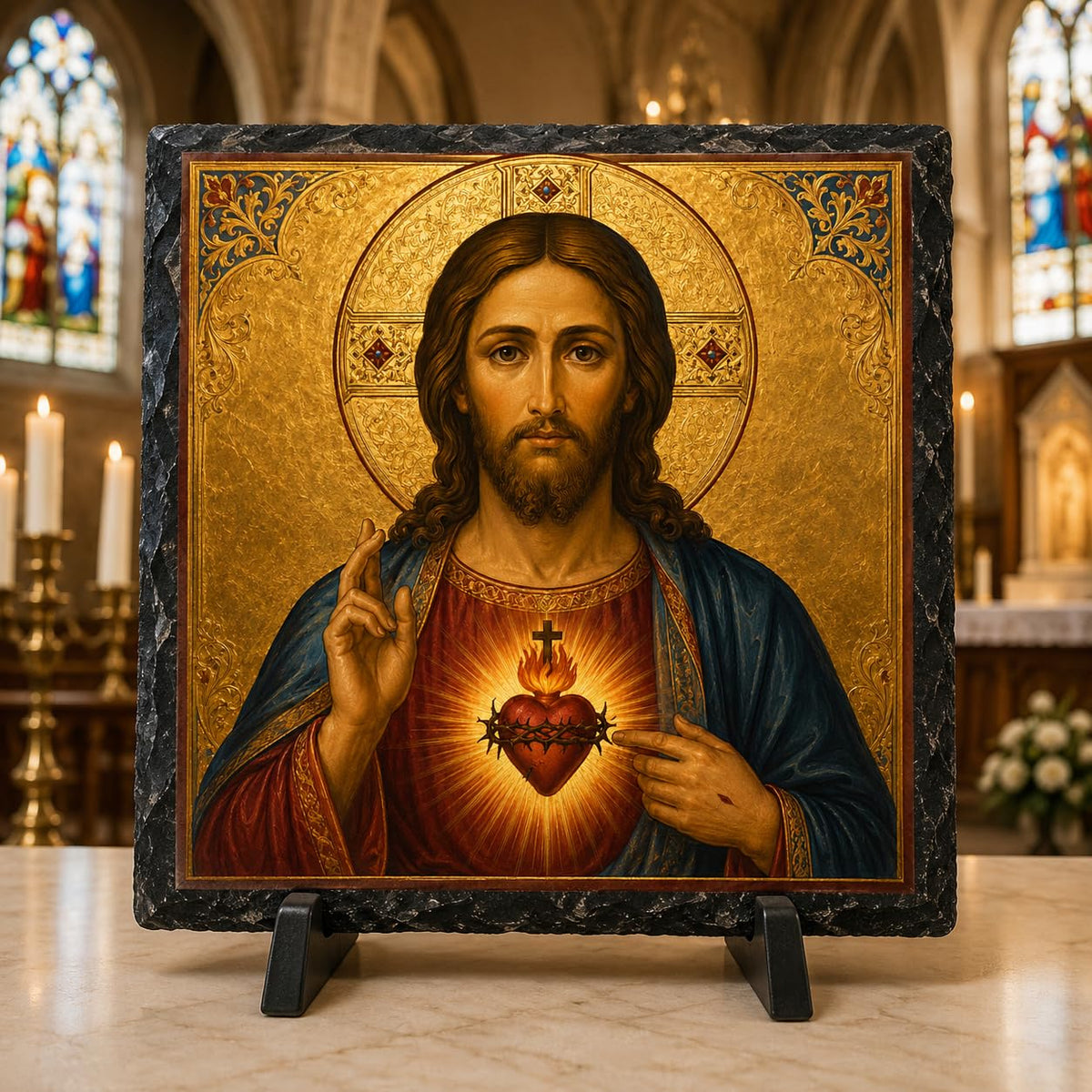 Catholic Jesus Sacred Heart Icon Stone Plaque – Tabletop Faith Decor
