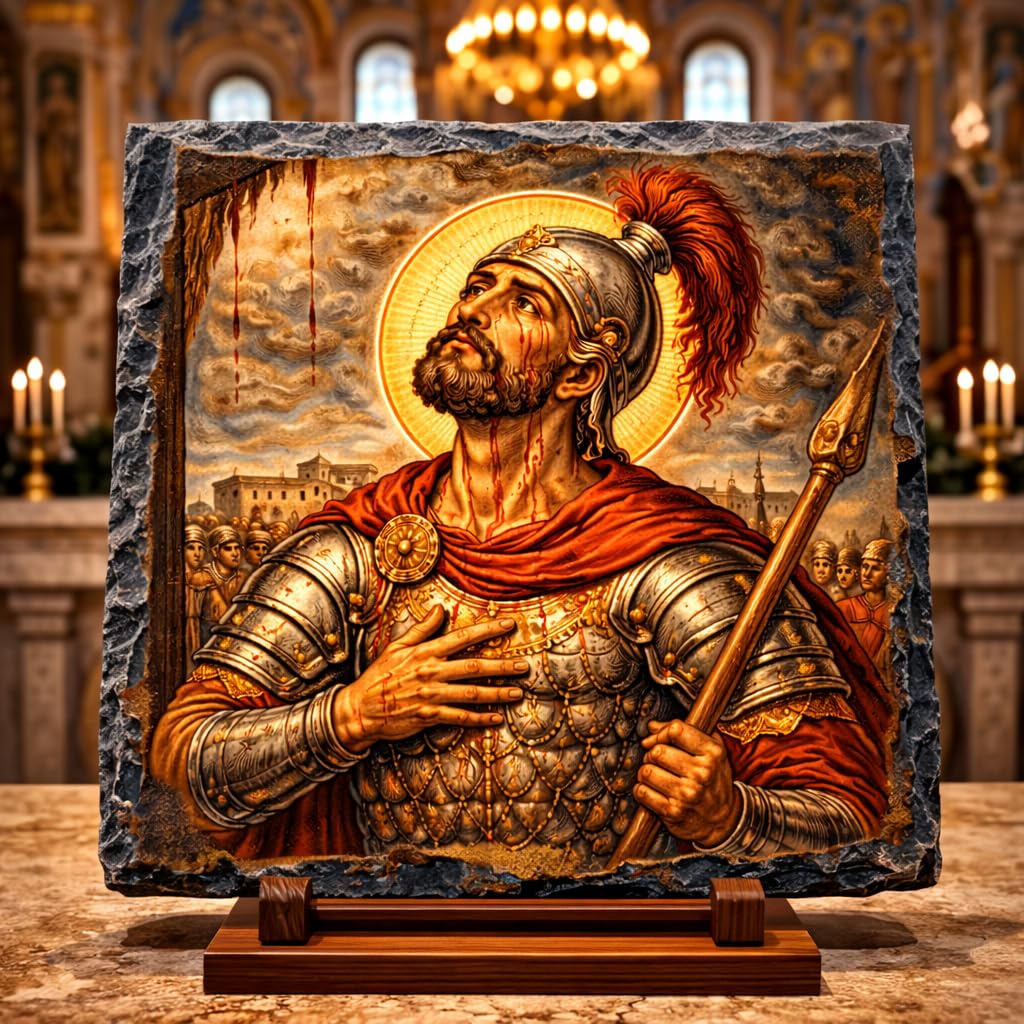 Saint Longinus Roman Centurion Greek Orthodox Icon Rock Slate Plaque