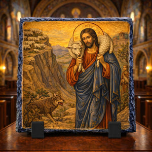 Orthodox Byzantine Good Shepherd Jesus Icon Rock Slate Plaque Christian Gift