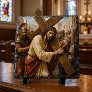 Jesus Carrying the Cross Christian Painting Style Rock Slate Plaque Gift