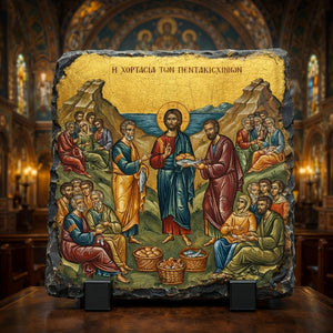 Jesus Feeding the 5000 Orthodox Byzantine Icon Rock Slate Christian Gift Decor