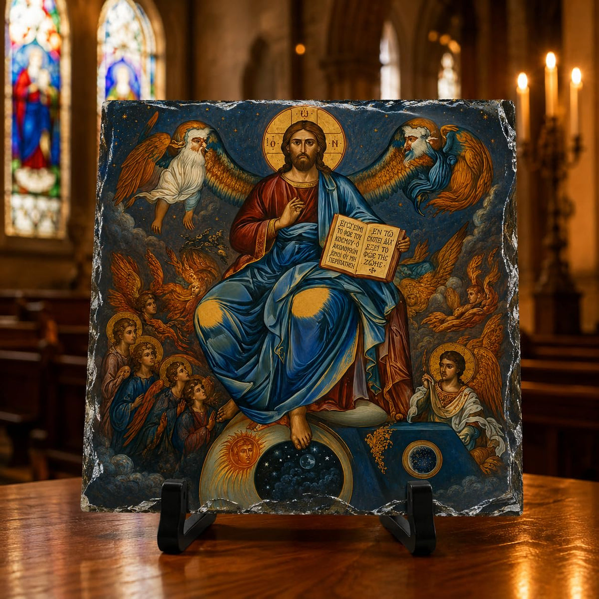 Christ Pantocrator Rock Slate Plaque, Orthodox Icon with Angels Gift