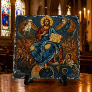 Christ Pantocrator Rock Slate Plaque, Orthodox Icon with Angels Gift