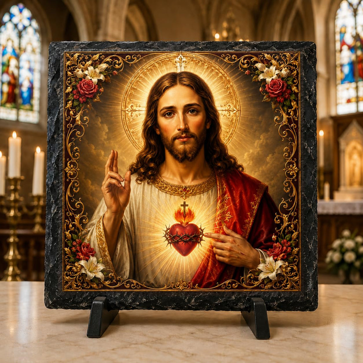 Sacred Heart of Jesus Religious Rock Slate – Catholic Home Prayer Decor
