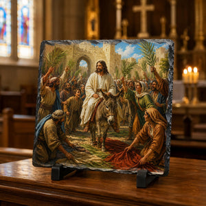 Palm Sunday Jesus on Donkey Christian Painting Style Rock Slate Plaque