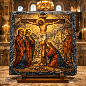 Jesus Crucifixion with Mary and John Greek Orthodox Icon Rock Slate Plaque
