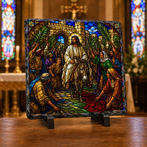 Palm Sunday Jesus Entry Stained Glass Style Rock Slate Christian Decor