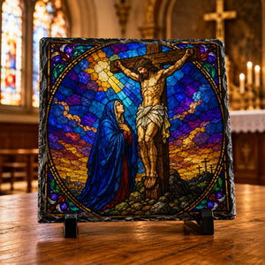 Jesus and Mary Crucifixion Stained Glass Style Rock Slate Religious Gift