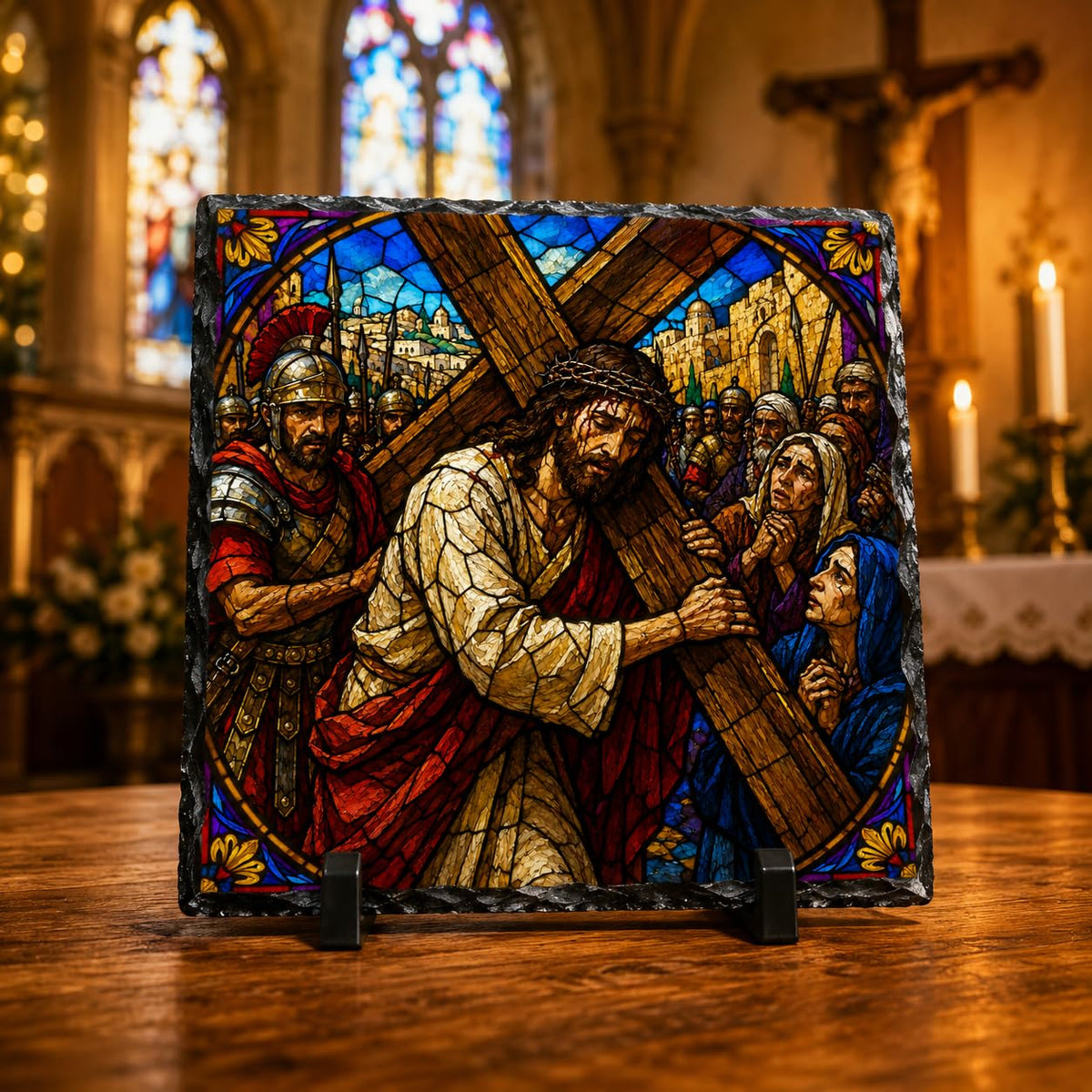 Jesus Carrying the Cross Stained Glass Style Rock Slate Christian Decor