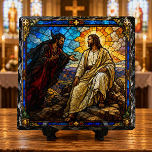 Temptation of Jesus Stained Glass Style Rock Slate Christian Religious Gift