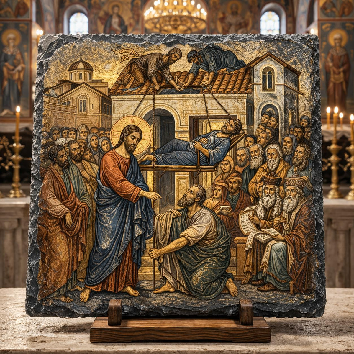 Jesus Heals Paralytic Through Roof Greek Orthodox Icon Rock Slate Plaque