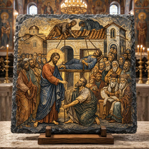 Jesus Heals Paralytic Through Roof Greek Orthodox Icon Rock Slate Plaque