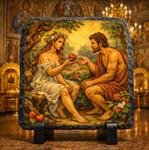 Adam & Eve Orthodox Byzantine Icon Rock Slate, Garden of Eden Christian Church Decor Gift Plaque
