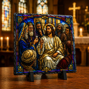 Render Unto Caesar Stained Glass Style Rock Slate Jesus Christian Gift