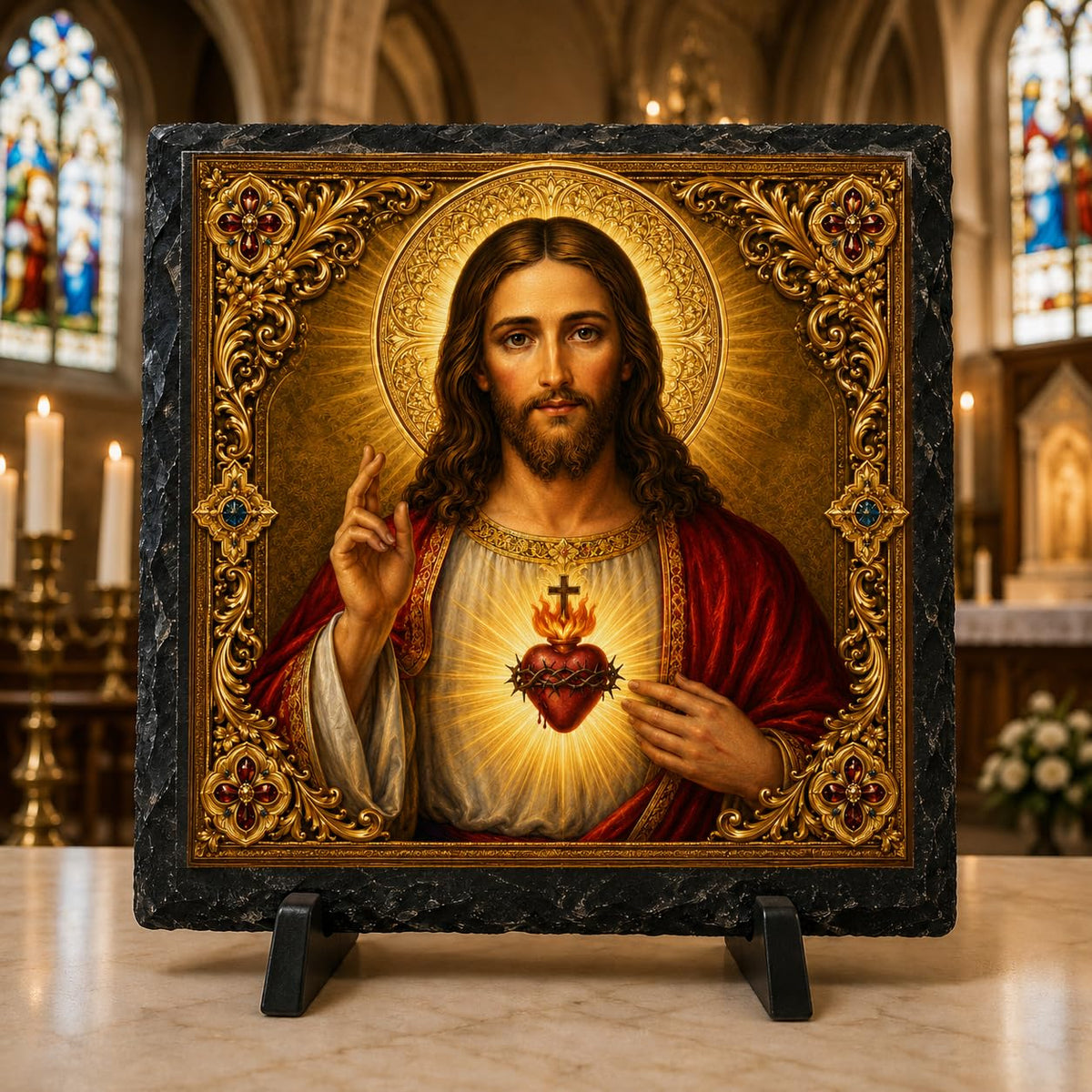Sacred Heart of Jesus Rock Slate Plaque – Catholic Christian Home Decor