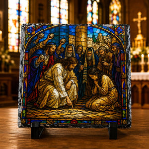 Jesus Forgives Woman Stained Glass Style Rock Slate Christian Gift Decor