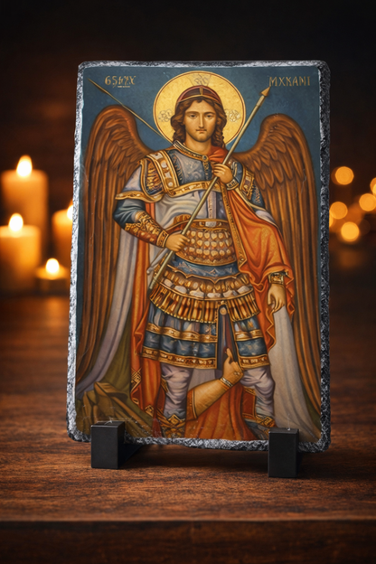Archangel Michael Orthodox Icon on Slate Plaque – Christian Protector & Prayer Gift
