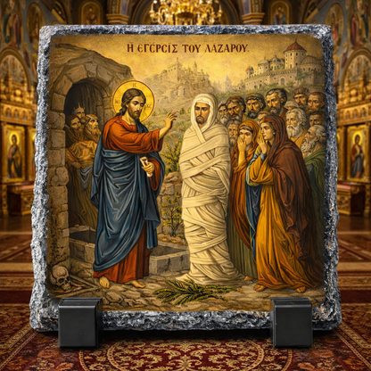Jesus Raising Lazarus Orthodox Icon Rock Slate Plaque – Byzantine Christian Religious Gift Church Decor