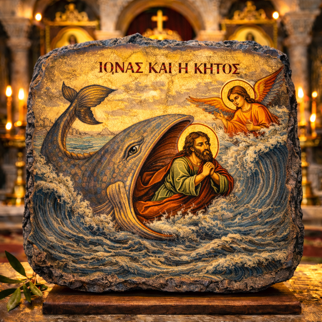 Greek Orthodox Icon Slate Jonah & the Whale Byzantine Style Christian Gift