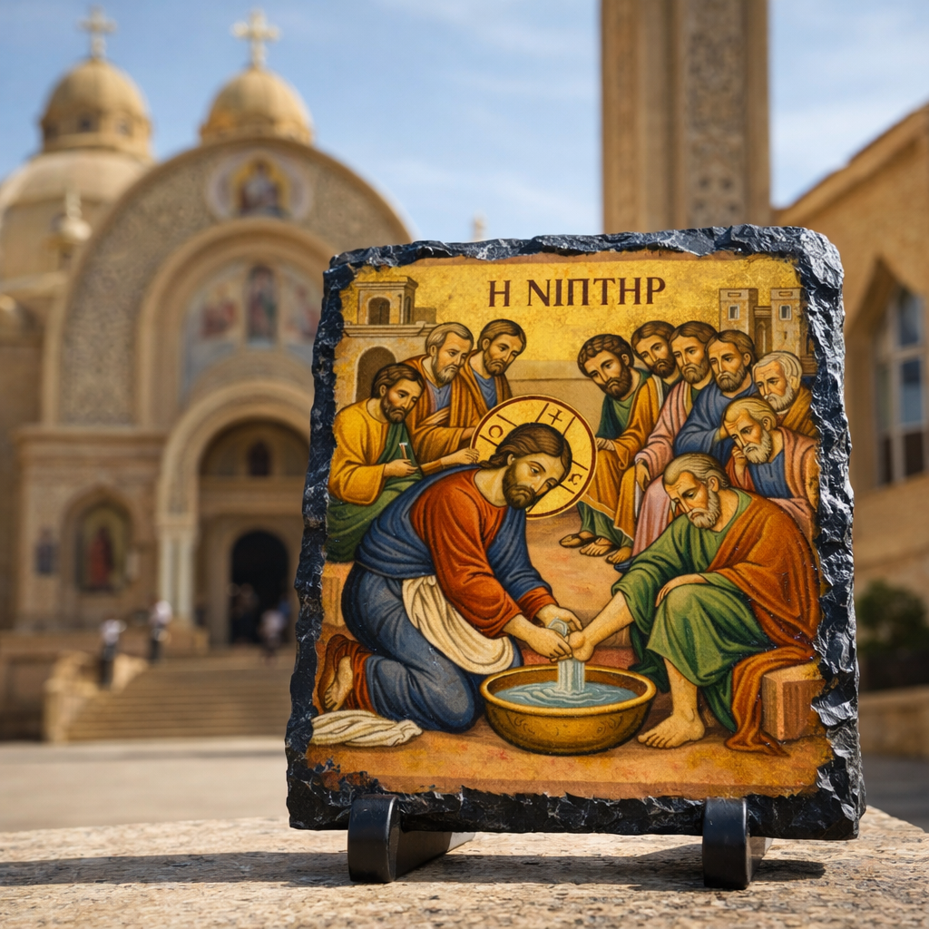 Jesus Washing the Disciples’ Feet Orthodox Icon Rock Slate – Byzantine Christian Church Decor Gift