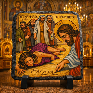 Orthodox Byzantine Icon Rock Slate – Jesus & Woman Caught in Adultery Christian Church Decor Gift