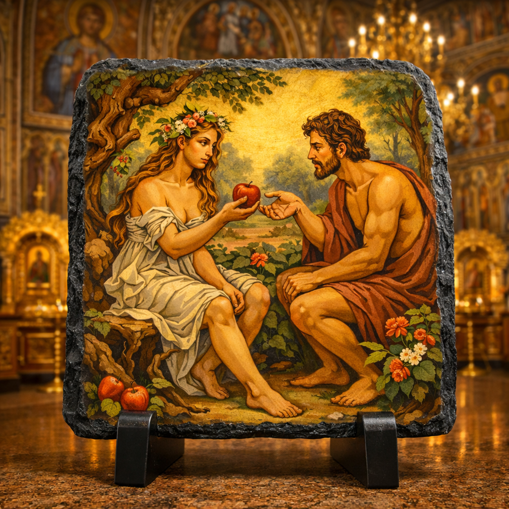 Adam & Eve Orthodox Byzantine Icon Rock Slate – Garden of Eden Christian Church Decor Gift Plaque