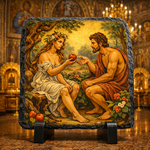 Adam & Eve Orthodox Byzantine Icon Rock Slate – Garden of Eden Christian Church Decor Gift Plaque