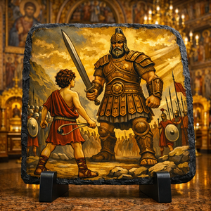 Orthodox Byzantine Rock Slate Icon – David vs Goliath Christian Decor Church Gift Plaque