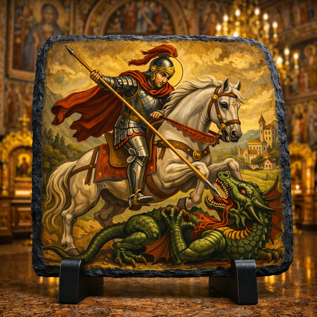 St George Slaying Dragon Orthodox Byzantine Icon Rock Slate – Christian Church Decor Gift Plaque