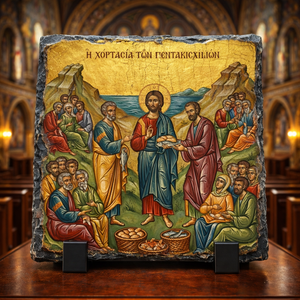 Jesus Feeding the 5000 Orthodox Icon Rock Slate Plaque – Byzantine Christian Religious Gift Decor