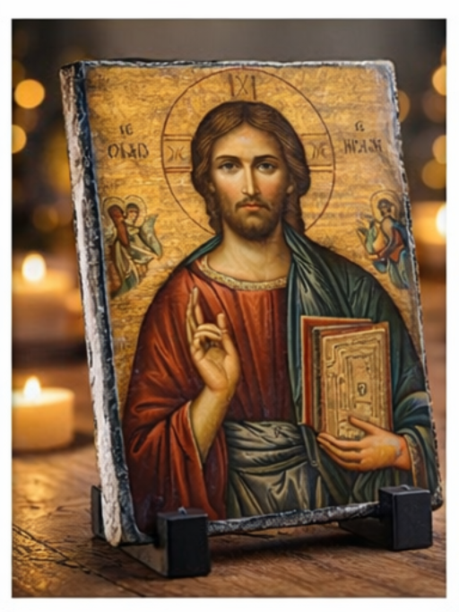 Christ Pantocrator Slate Icon – Orthodox Christian Wall or Tabletop Religious Gift