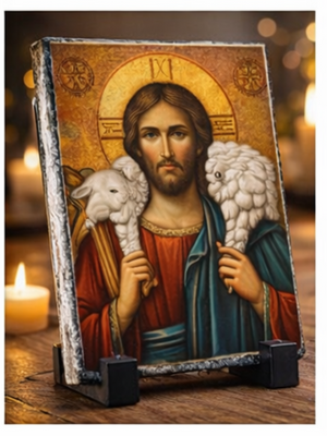 Christ the Good Shepherd Icon Plaque on Natural Slate – Sacred Orthodox Christian Art