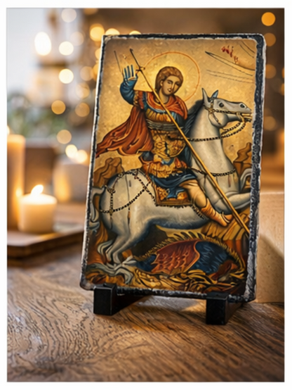 Saint George Slaying the Dragon Slate Icon – Orthodox Christian Faith Gift