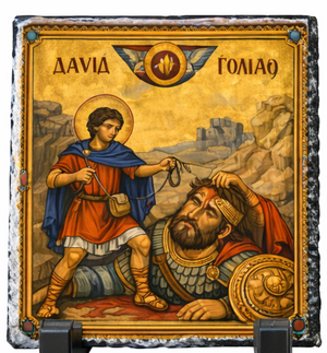 David and Goliath Orthodox Icon Rock Slate Plaque – Byzantine Christian Religious Gift Church Decor
