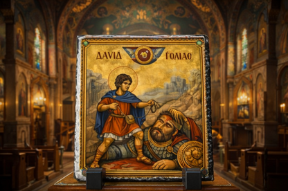 David and Goliath Orthodox Icon Rock Slate Plaque – Byzantine Christian Religious Gift Church Decor