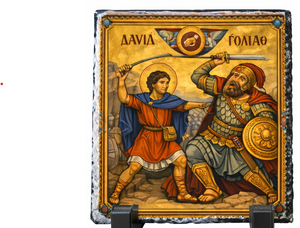 David and Goliath Orthodox Icon Rock Slate Plaque – Byzantine Christian Religious Gift Church Decor