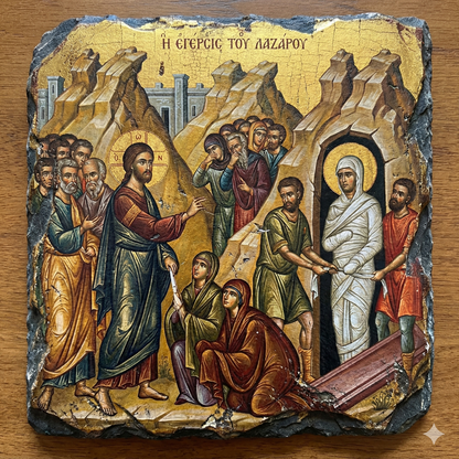 Orthodox Icon Rock Slate Plaque – Christ Raising Lazarus Byzantine Christian Gift Decor
