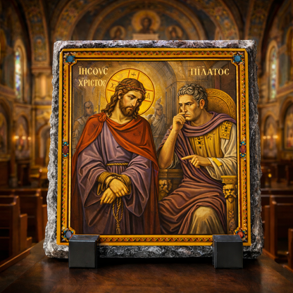 Jesus Before Pilate Orthodox Icon Rock Slate Plaque – Byzantine Christian Religious Gift Church Decor