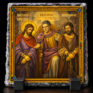 Jesus, Pilate & Barabbas Trial Orthodox Icon Rock Slate Plaque – Byzantine Christian Religious Gift Decor